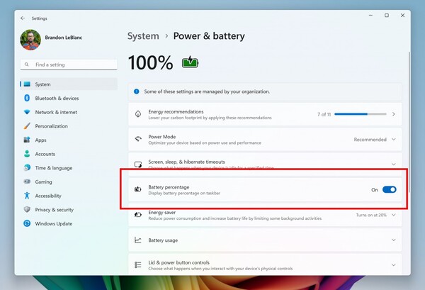 De nieuwste Windows 11 Insider Build voegt ondersteuning toe voor het weergeven van het batterijpercentage op de taakbalk. (Afbeeldingsbron: Microsoft)