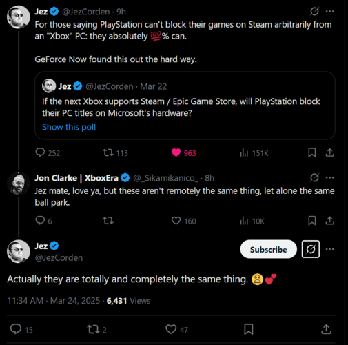 Jez Corden X post over Sony die PC ports blokkeert (Afbeelding bron: screenshot, Jez Corden X account)